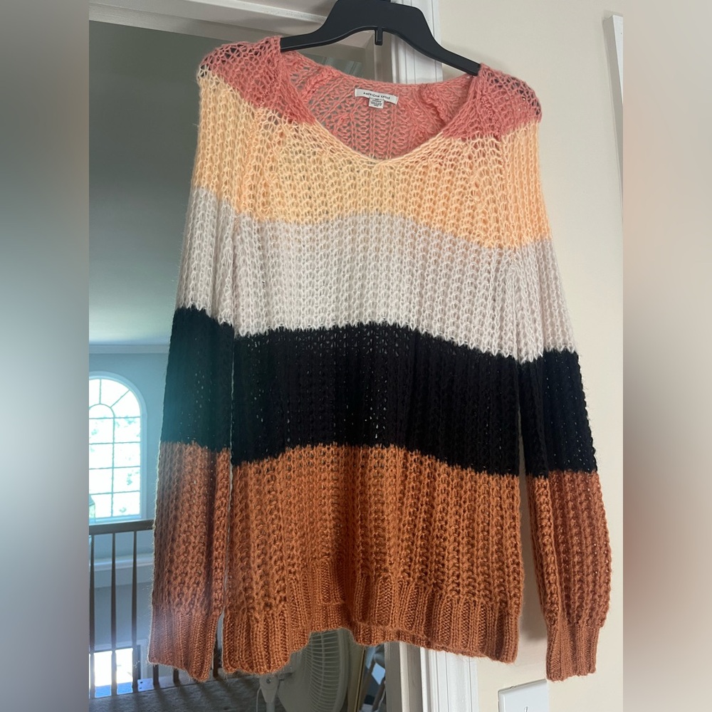 American Eagle Outfitters V-Neck Striped Sweater - Pink, Orange, Black, White
